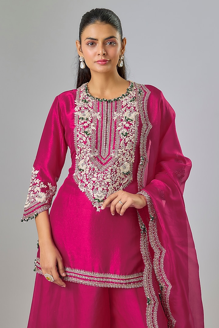 Fuchsia Pink Organza Wedding Sharara Set by Prisho at Pernia's Pop Up Shop