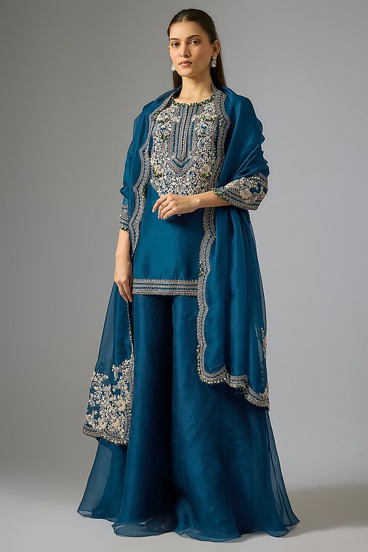 Blue Organza Wedding Sharara Set by Prisho at Pernia's Pop Up Shop