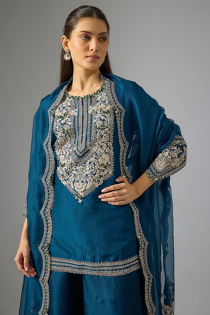 Blue Organza Wedding Sharara Set by Prisho at Pernia's Pop Up Shop