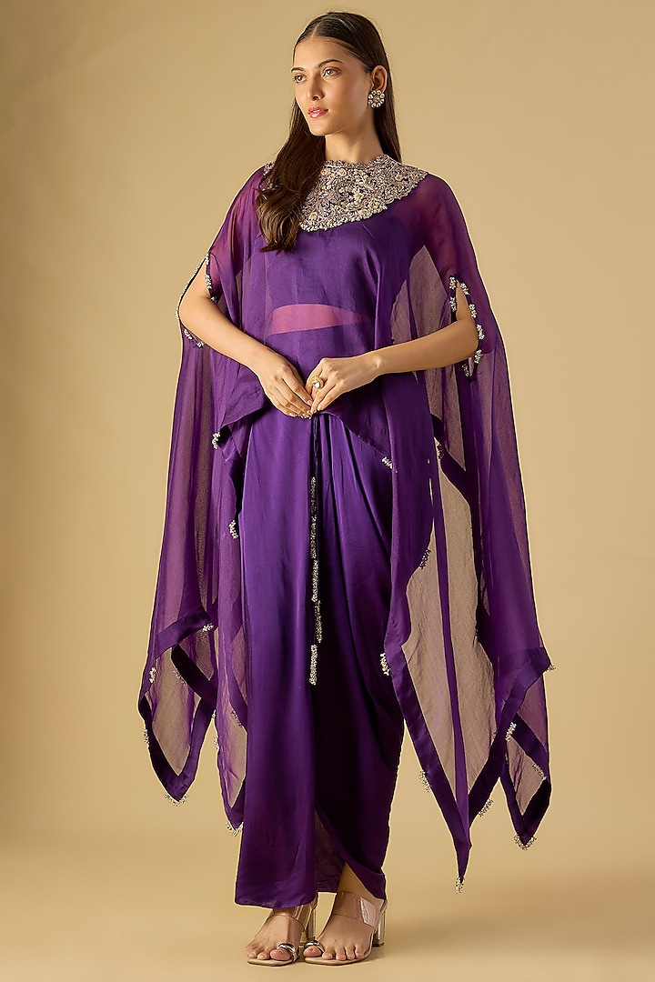 Dark Purple Organza Resham & Maal Work Kaftan Set by Prisho at Pernia's Pop Up Shop