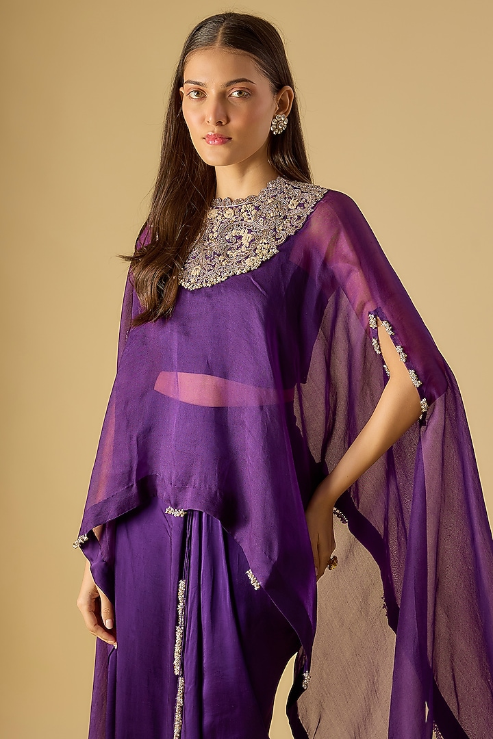 Dark Purple Organza Resham & Maal Work Kaftan Set by Prisho at Pernia's Pop Up Shop