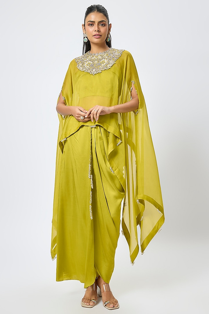 Lime Green Organza Resham & Maal Work Kaftan Set by Prisho at Pernia's Pop Up Shop