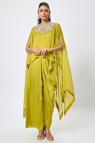 Lime Green Organza Resham & Maal Work Kaftan Set by Prisho