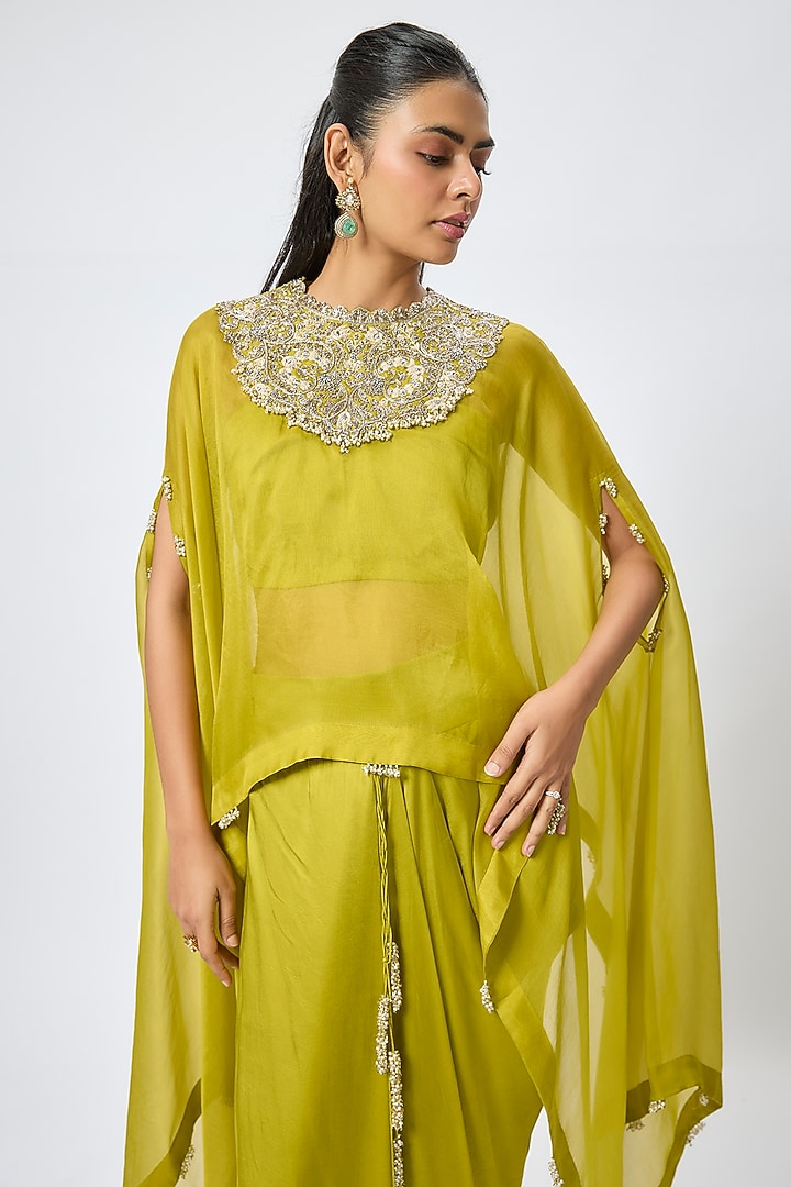 Lime Green Organza Resham & Maal Work Kaftan Set by Prisho at Pernia's Pop Up Shop