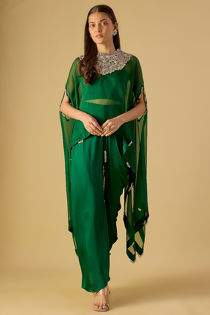 Green Organza Resham & Maal Work Kaftan Set by Prisho at Pernia's Pop Up Shop
