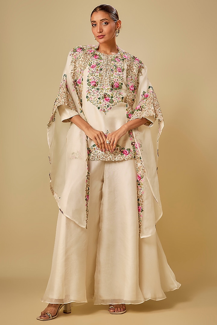 Ivory Organza Thread Work Cape Set by Prisho at Pernia's Pop Up Shop