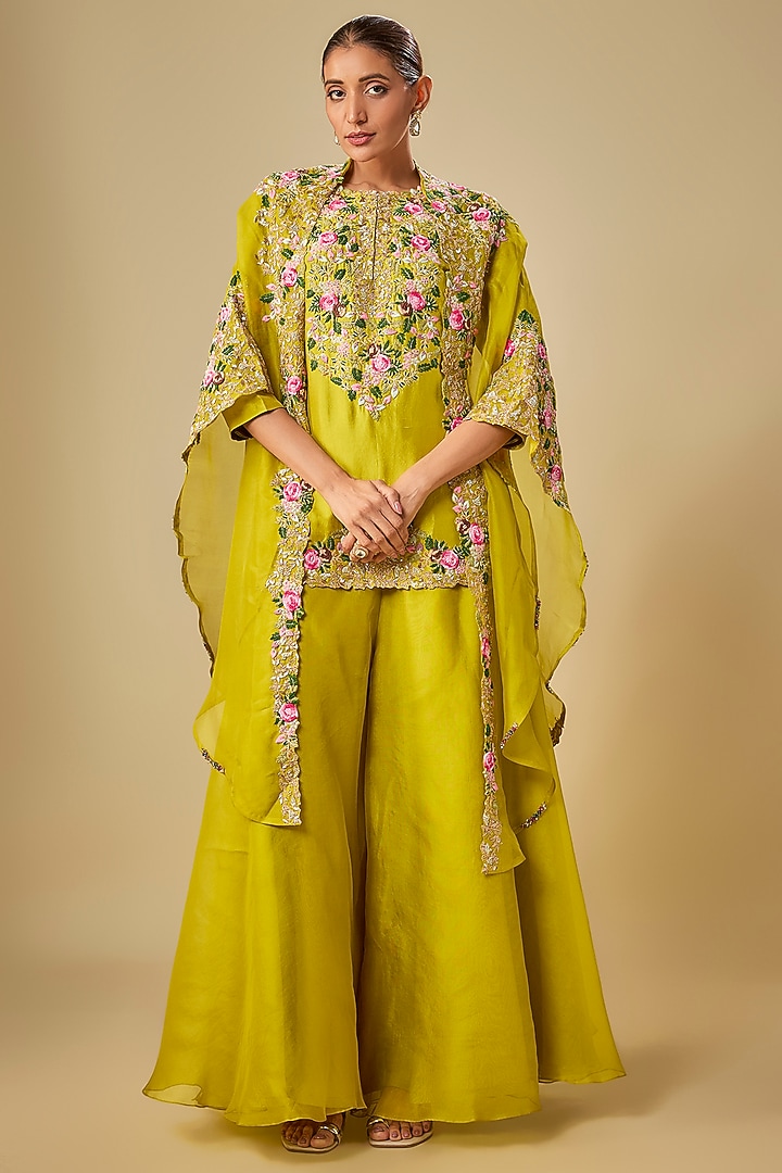 Lime Green Organza Thread Work Cape Set by Prisho at Pernia's Pop Up Shop