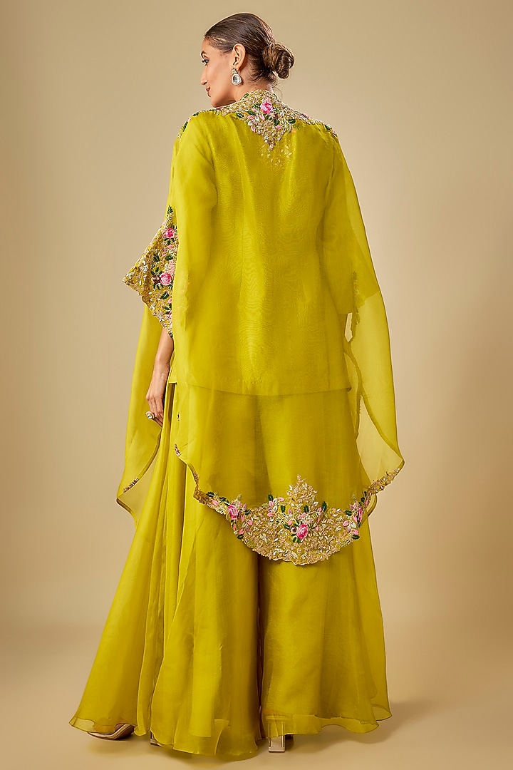 Lime Green Organza Thread Work Cape Set by Prisho at Pernia's Pop Up Shop