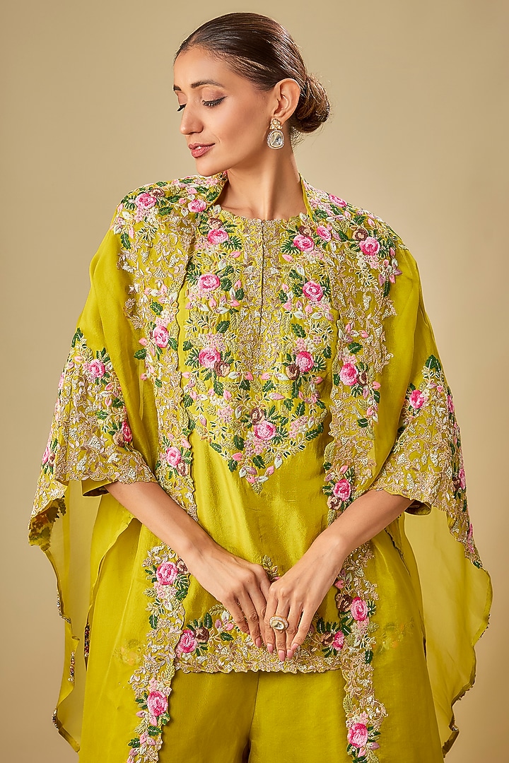 Lime Green Organza Thread Work Cape Set by Prisho at Pernia's Pop Up Shop