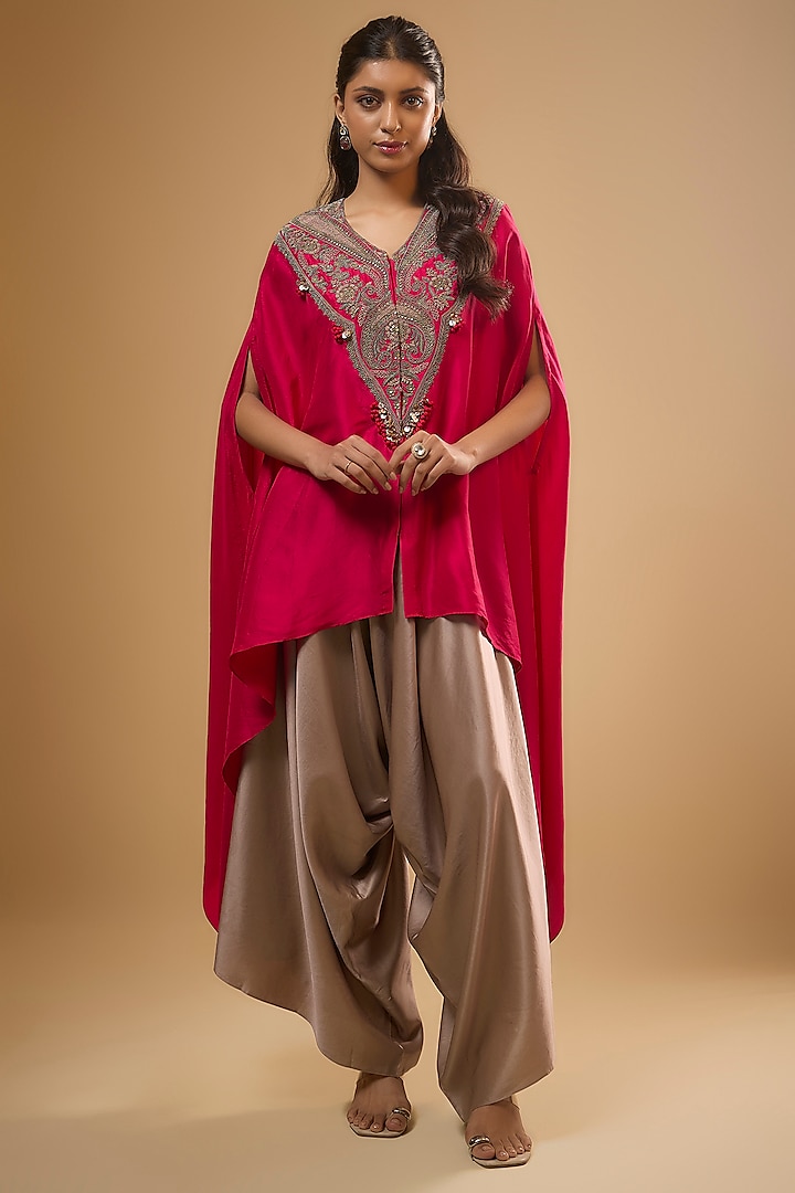 Fuchsia Pink Silk Dori Work Kaftan Set by Prisho at Pernia's Pop Up Shop