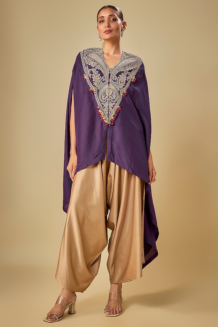 Dark Purple Silk Dori Work Kaftan Set by Prisho at Pernia's Pop Up Shop