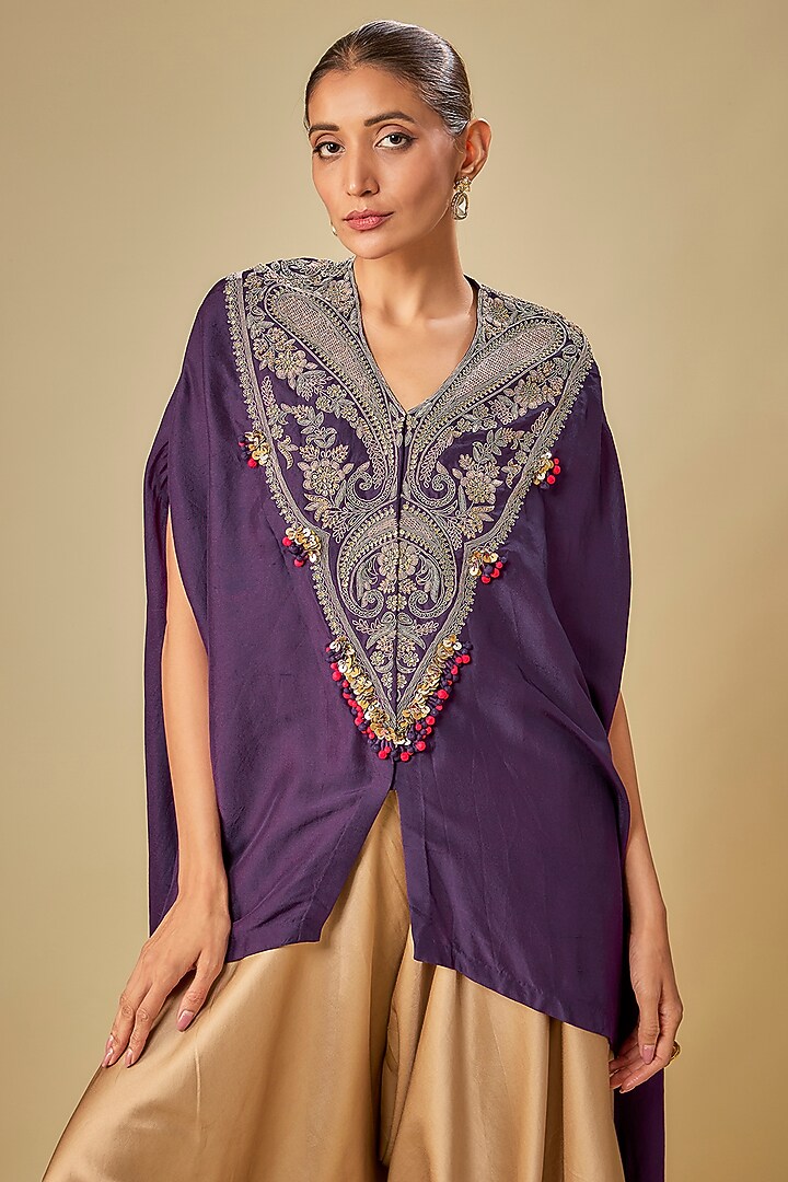 Dark Purple Silk Dori Work Kaftan Set by Prisho at Pernia's Pop Up Shop