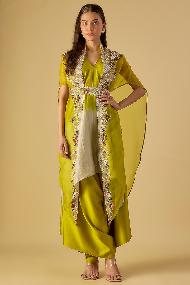 Lime Green Organza Thread Work Cape Set by Prisho at Pernia's Pop Up Shop
