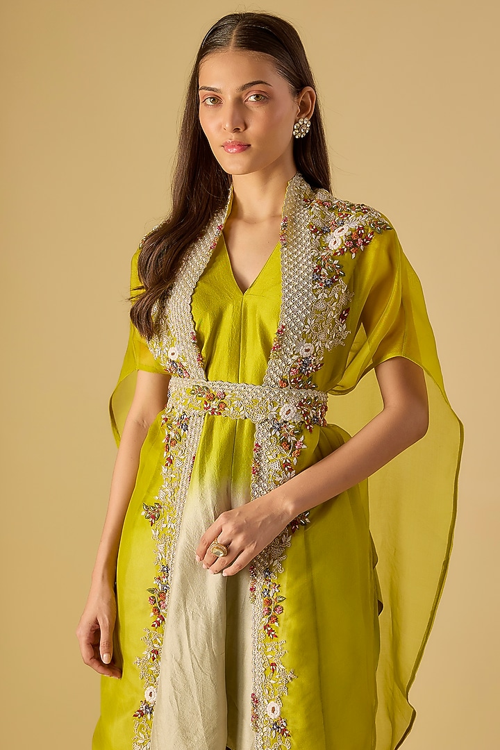 Lime Green Organza Thread Work Cape Set by Prisho at Pernia's Pop Up Shop