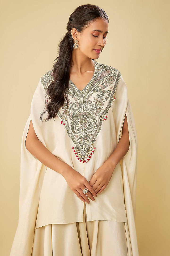 Ivory Silk Dori Work Kaftan Set by Prisho at Pernia's Pop Up Shop