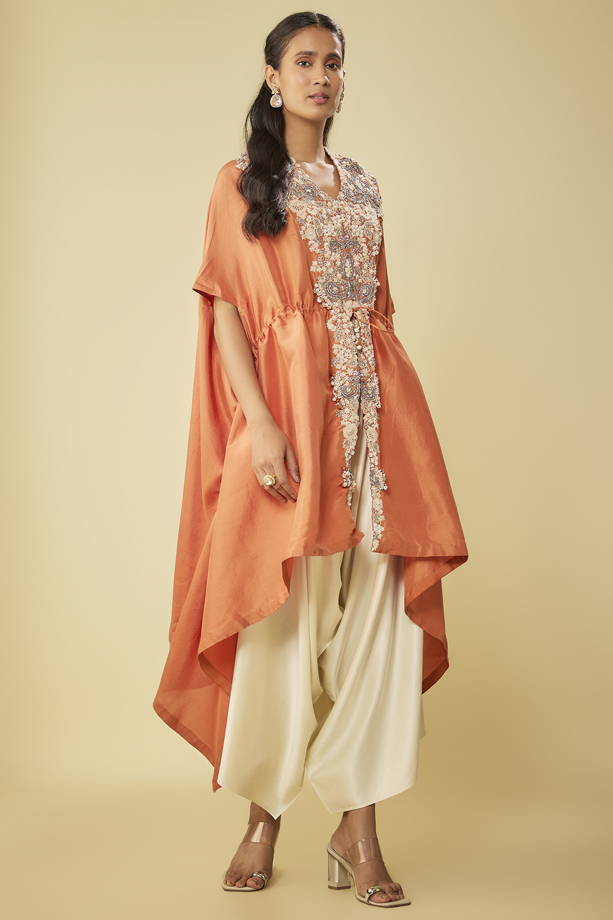 Rust Silk Resham Work Kaftan Set by Prisho at Pernia's Pop Up Shop