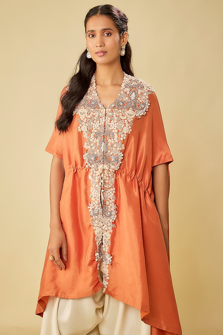 Rust Silk Resham Work Kaftan Set by Prisho at Pernia's Pop Up Shop