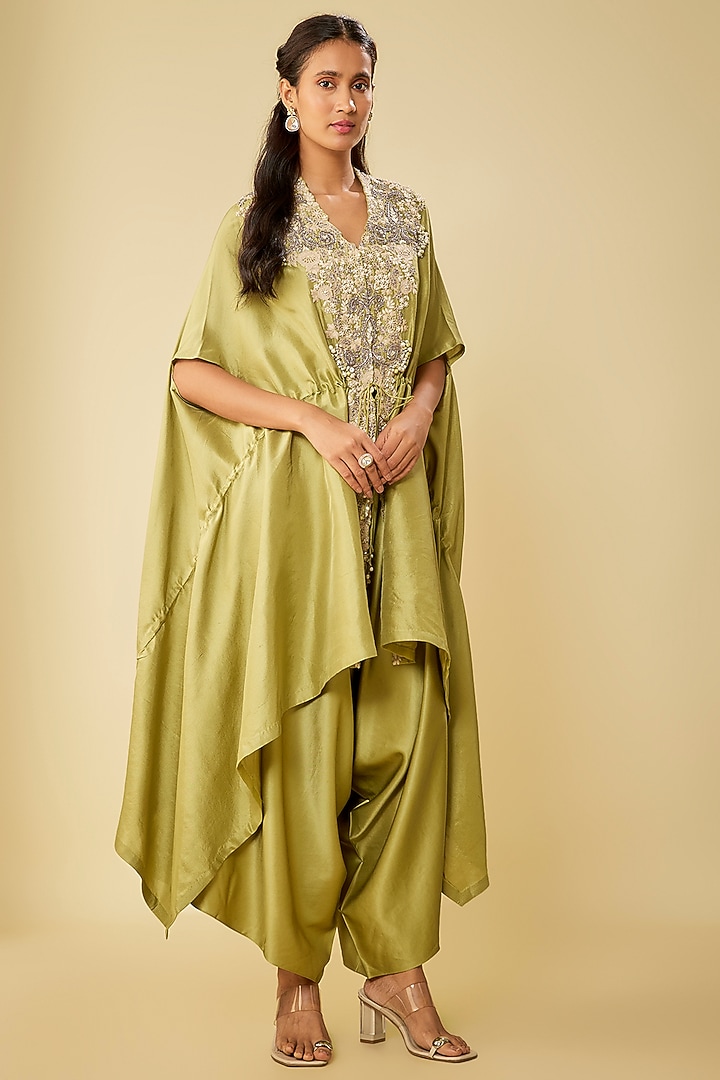 Sea Green Silk Resham Work Kaftan Set by Prisho at Pernia's Pop Up Shop