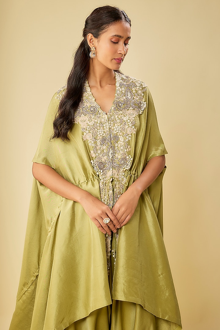 Sea Green Silk Resham Work Kaftan Set by Prisho at Pernia's Pop Up Shop