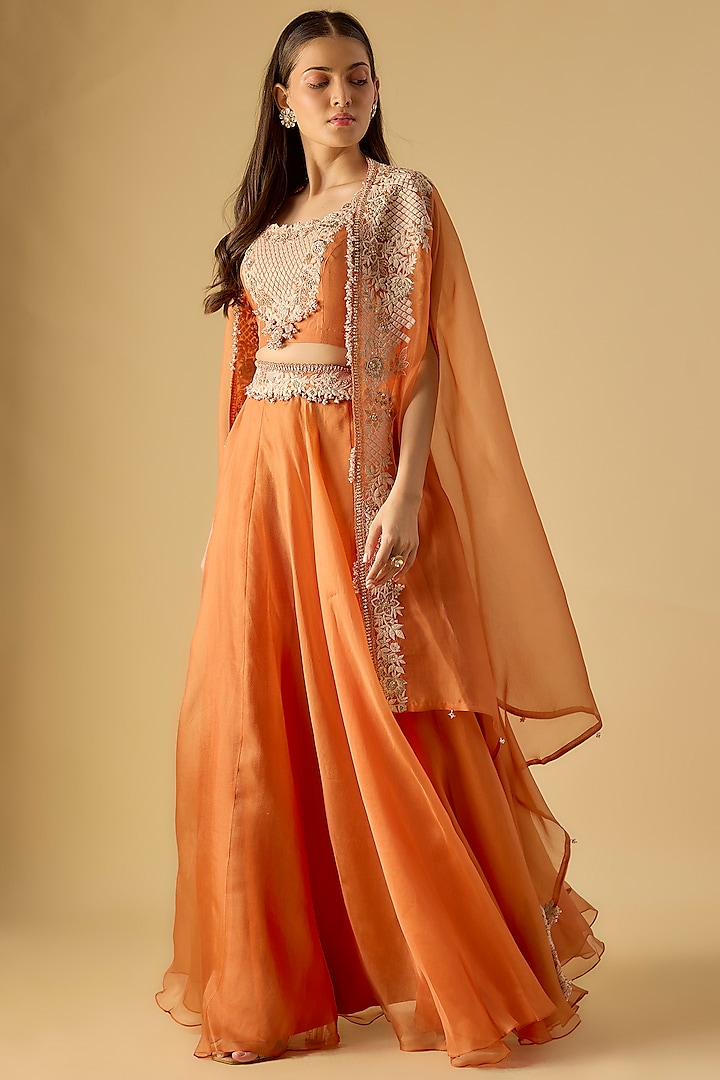 Rust Organza Resham Work Cape Set by Prisho at Pernia's Pop Up Shop