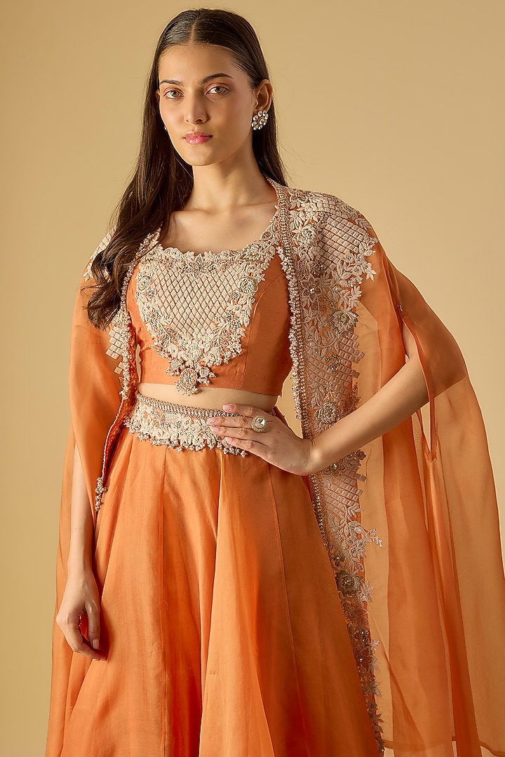 Rust Organza Resham Work Cape Set by Prisho at Pernia's Pop Up Shop