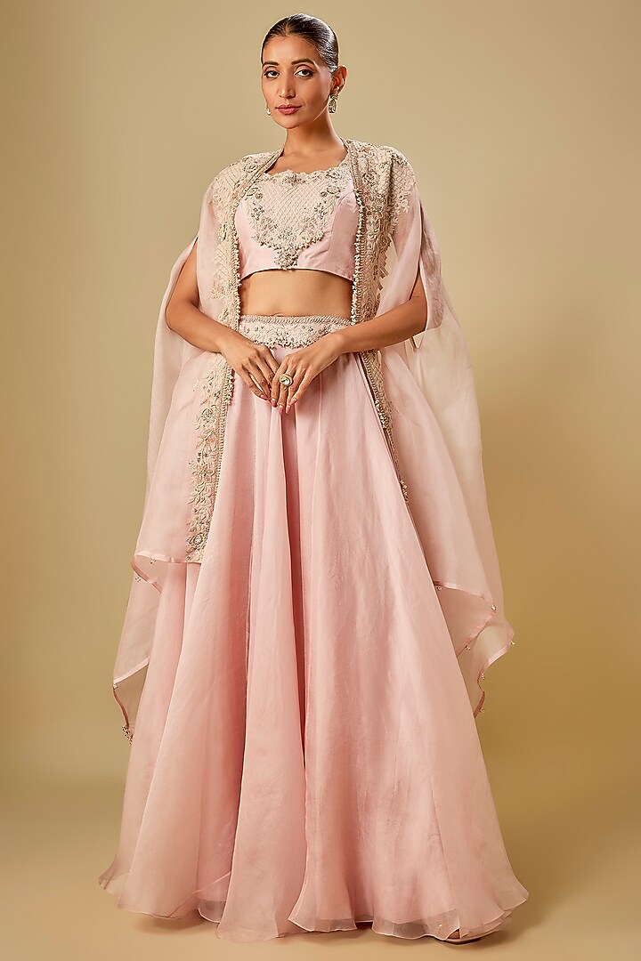 Flamingo Pink Organza Resham Work Cape Set by Prisho at Pernia's Pop Up Shop
