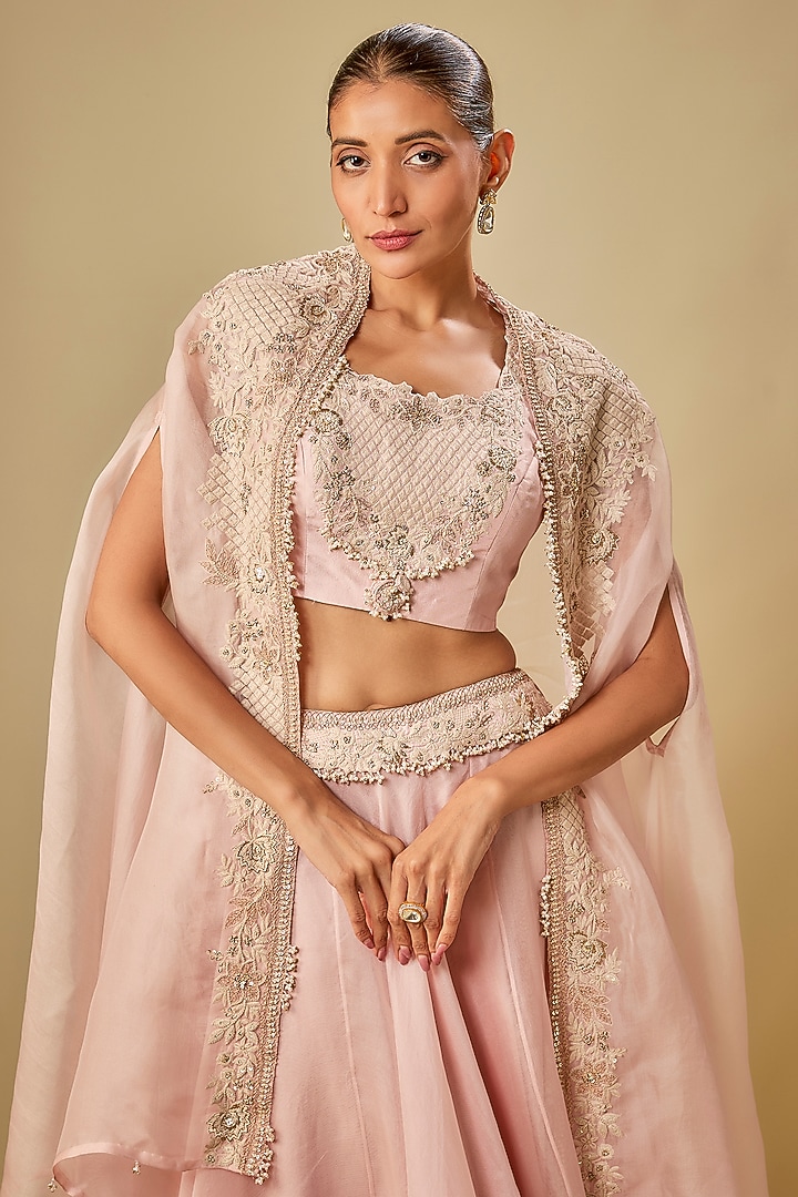 Flamingo Pink Organza Resham Work Cape Set by Prisho at Pernia's Pop Up Shop