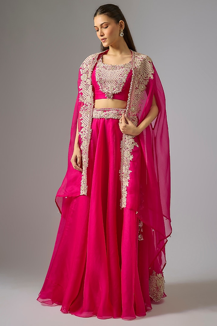 Fuchsia Pink Organza Resham Work Cape Set by Prisho at Pernia's Pop Up Shop