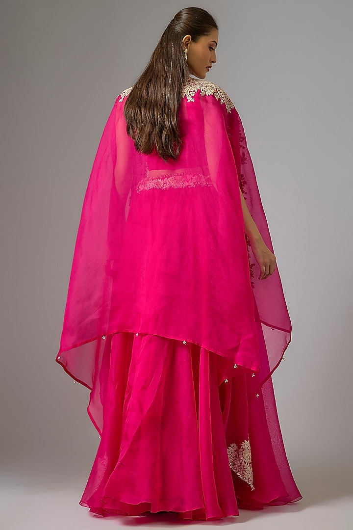 Fuchsia Pink Organza Resham Work Cape Set by Prisho at Pernia's Pop Up Shop