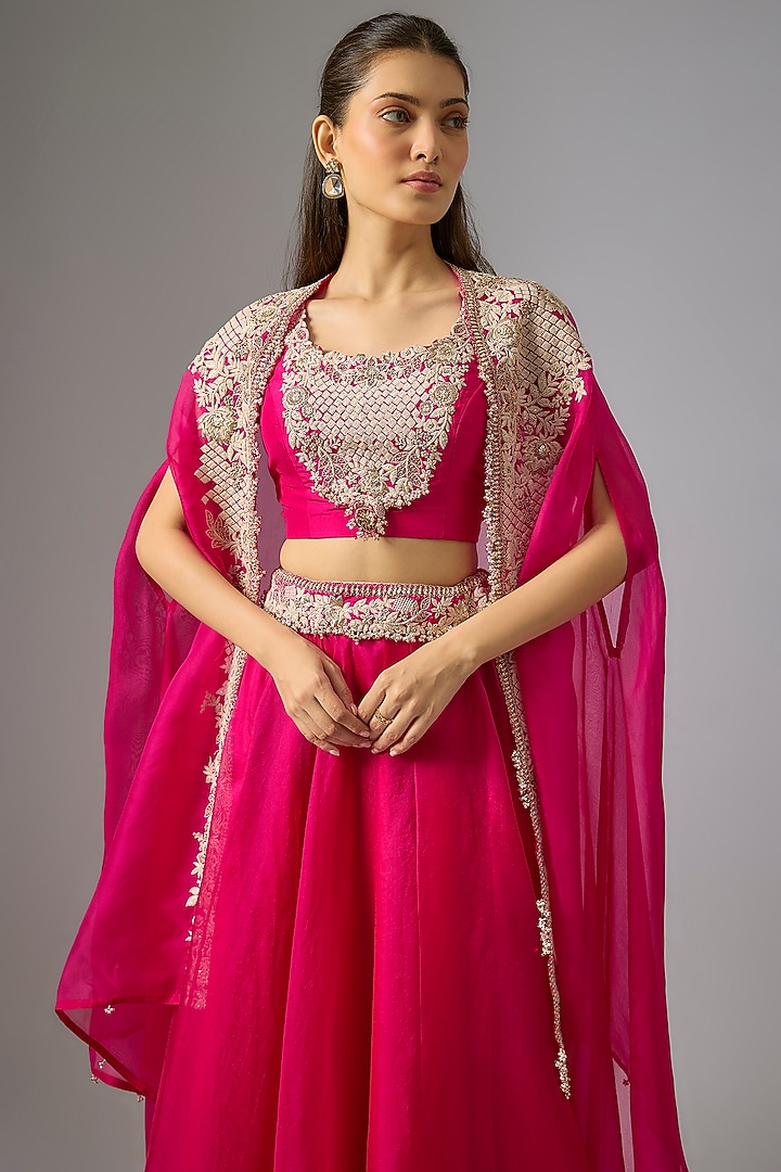 Fuchsia Pink Organza Resham Work Cape Set by Prisho at Pernia's Pop Up Shop