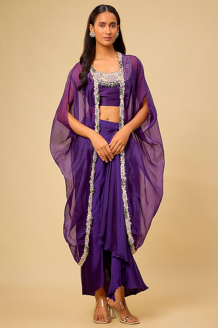 Purple Organza Maal & Dori Work Cape Set by Prisho at Pernia's Pop Up Shop