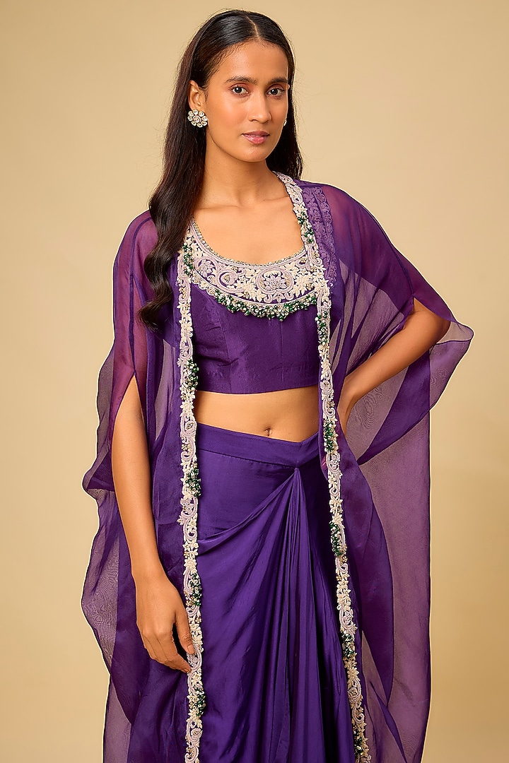 Purple Organza Maal & Dori Work Cape Set by Prisho at Pernia's Pop Up Shop
