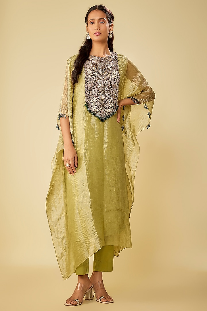 Sea Green Crushed Tissue Maal Work Kaftan Set by Prisho at Pernia's Pop Up Shop