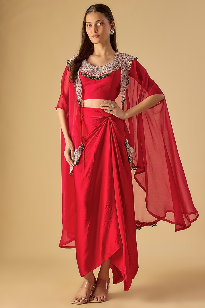 Red Organza Maal & Dori Work Cape Set by Prisho at Pernia's Pop Up Shop