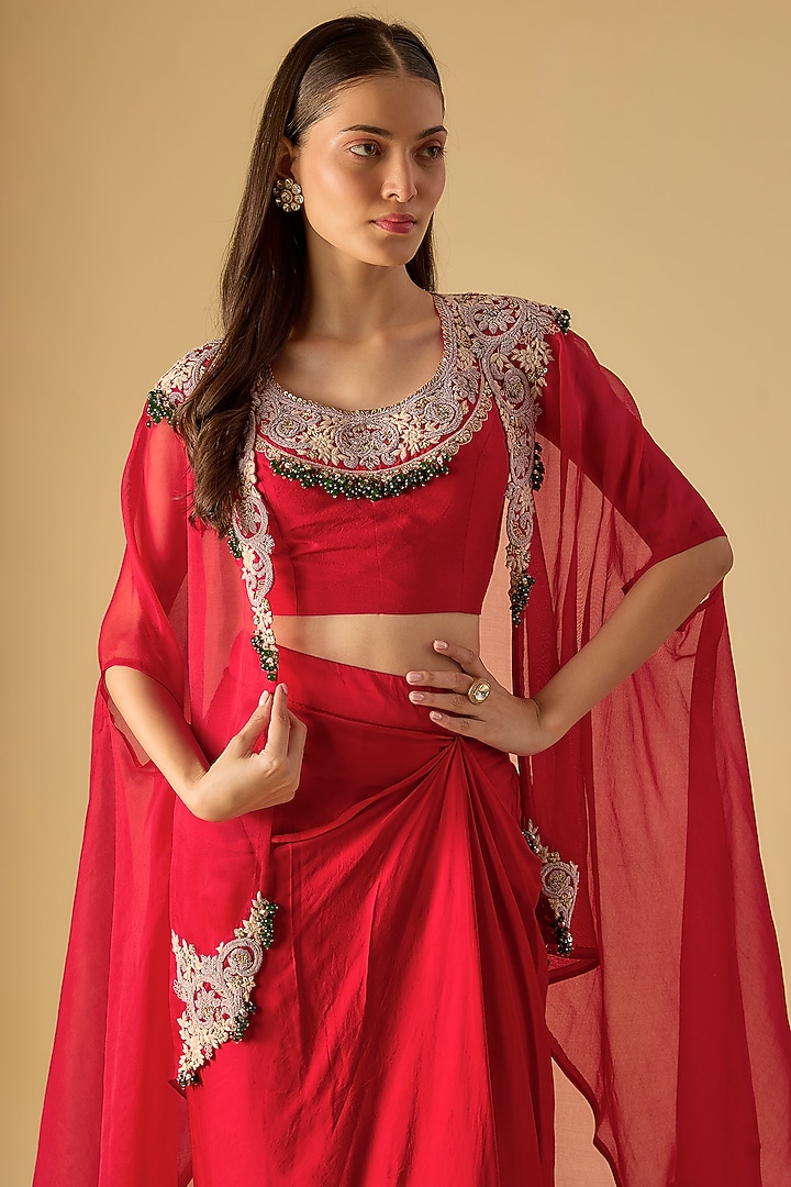 Red Organza Maal & Dori Work Cape Set by Prisho at Pernia's Pop Up Shop