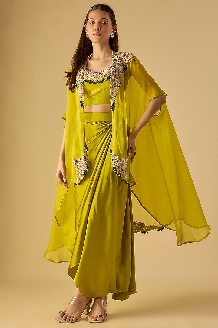 Lime Green Organza Maal & Dori Work Cape Set by Prisho at Pernia's Pop Up Shop