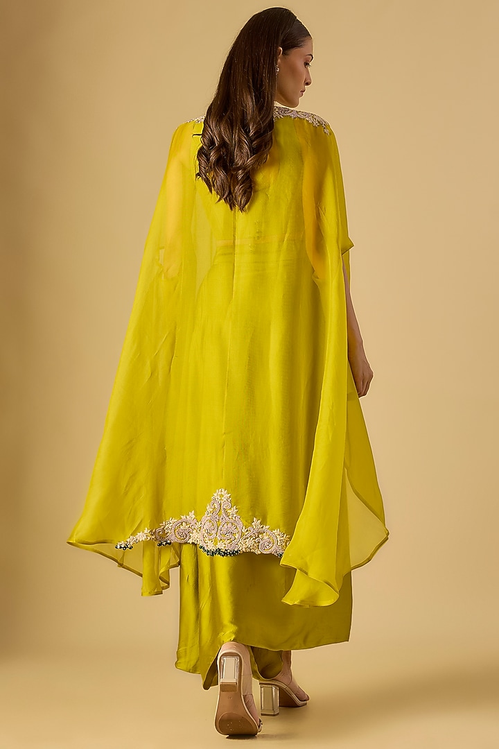 Lime Green Organza Maal & Dori Work Cape Set by Prisho at Pernia's Pop Up Shop