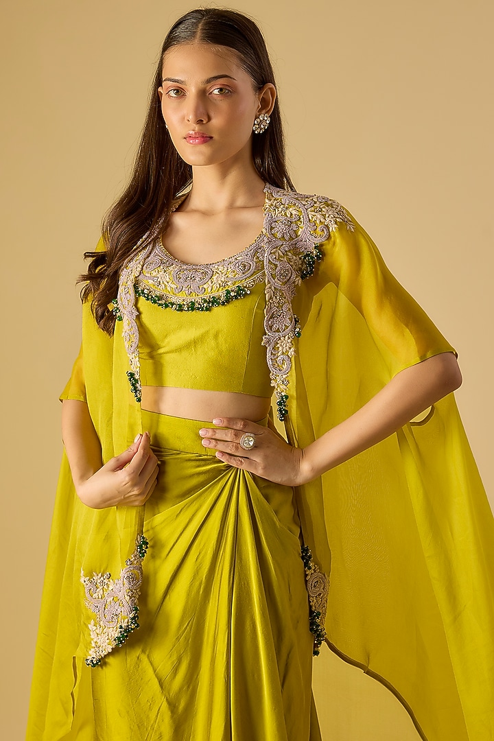Lime Green Organza Maal & Dori Work Cape Set by Prisho at Pernia's Pop Up Shop
