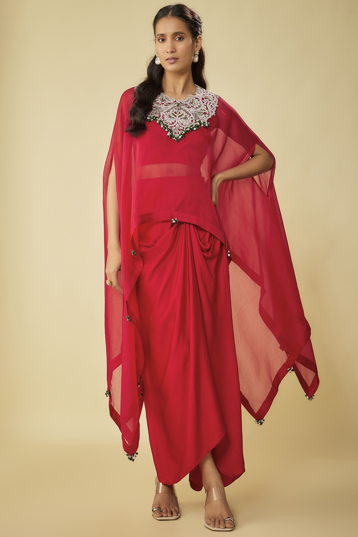 Red Organza Dori Work A-Line Kaftan Set by Prisho at Pernia's Pop Up Shop