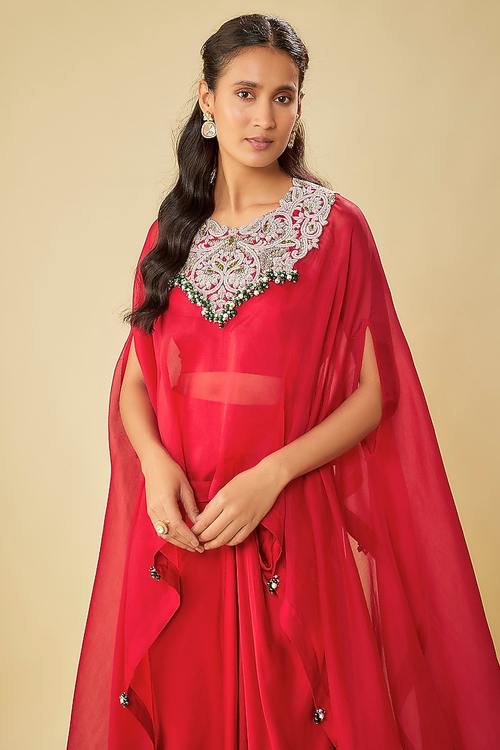 Red Organza Dori Work A-Line Kaftan Set by Prisho at Pernia's Pop Up Shop