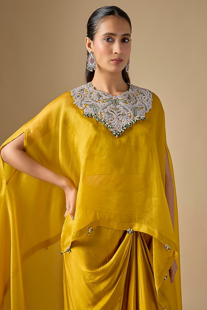 Mustard Organza Maal Work A-line Kaftan Set by Prisho at Pernia's Pop Up Shop