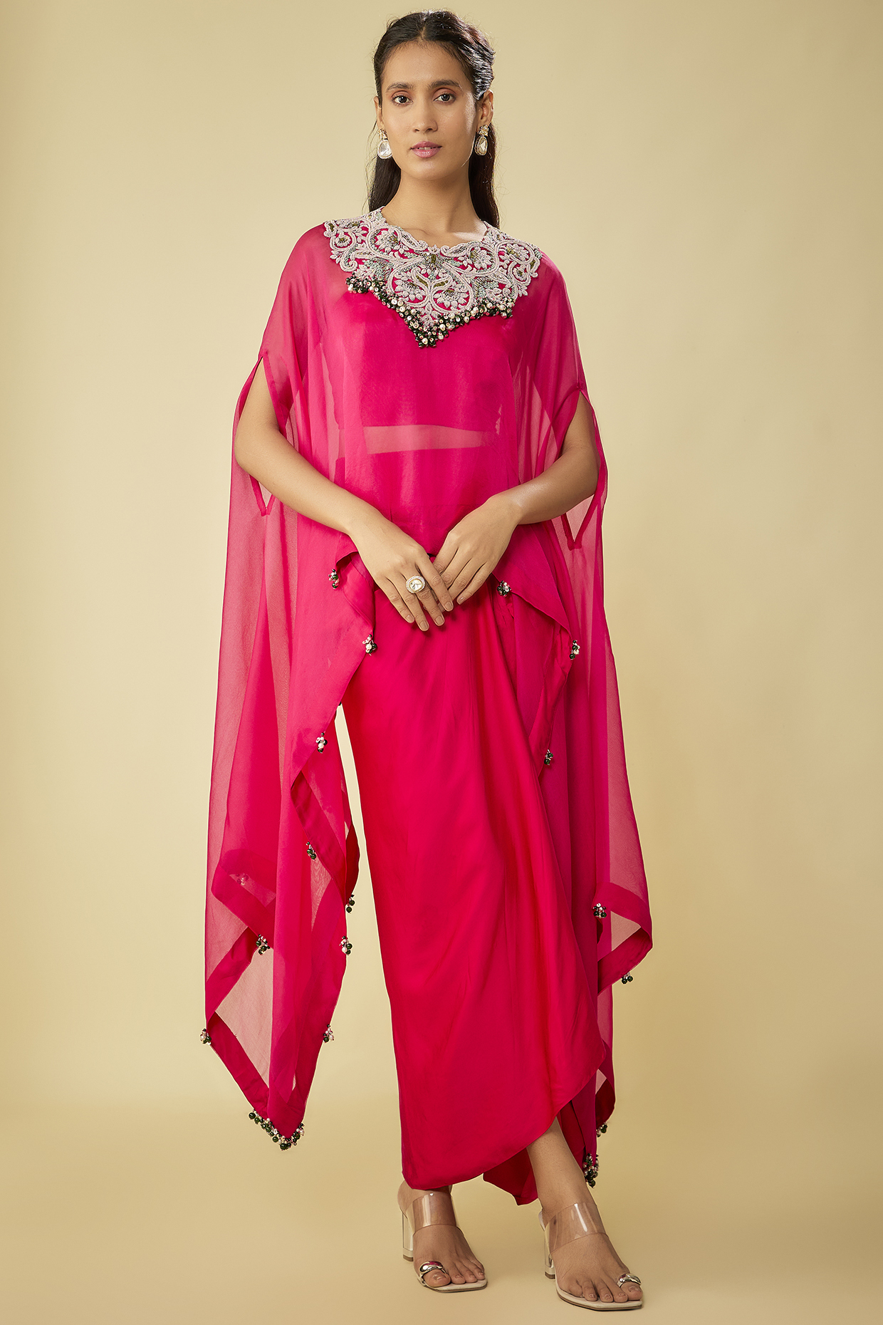 Fuchsia Organza Dori Work A-Line Kaftan Set by Prisho at Pernia's Pop Up Shop
