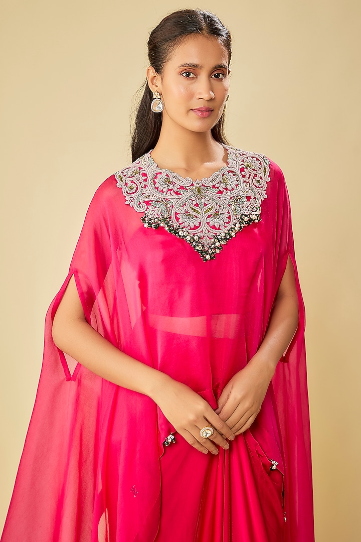 Fuchsia Organza Dori Work A-Line Kaftan Set by Prisho at Pernia's Pop Up Shop