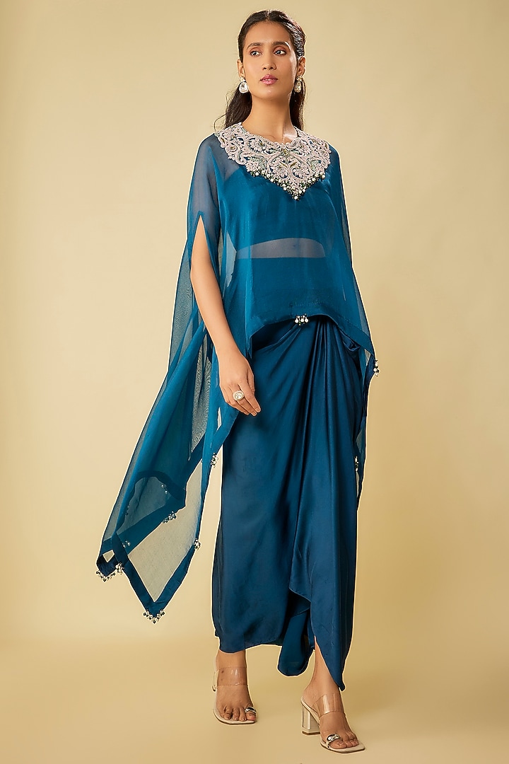 Blue Organza Dori Work A-Line Kaftan Set by Prisho at Pernia's Pop Up Shop