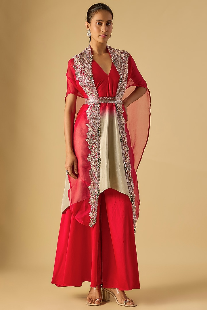 Red Organza Maal Work Cape Set by Prisho at Pernia's Pop Up Shop