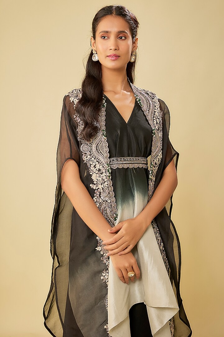 Black Organza Maal Work Cape Set by Prisho at Pernia's Pop Up Shop