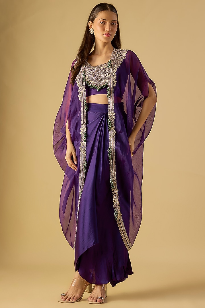 Purple Silk Maal Work Cape Set by Prisho at Pernia's Pop Up Shop