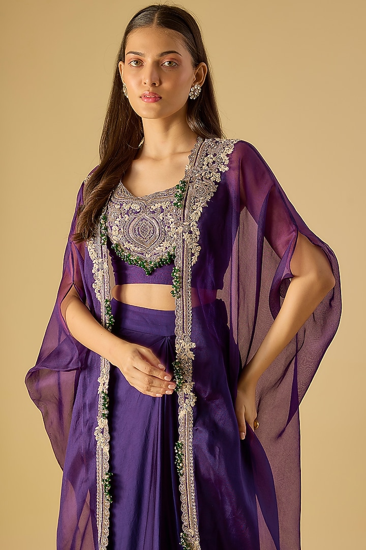 Purple Silk Maal Work Cape Set by Prisho at Pernia's Pop Up Shop
