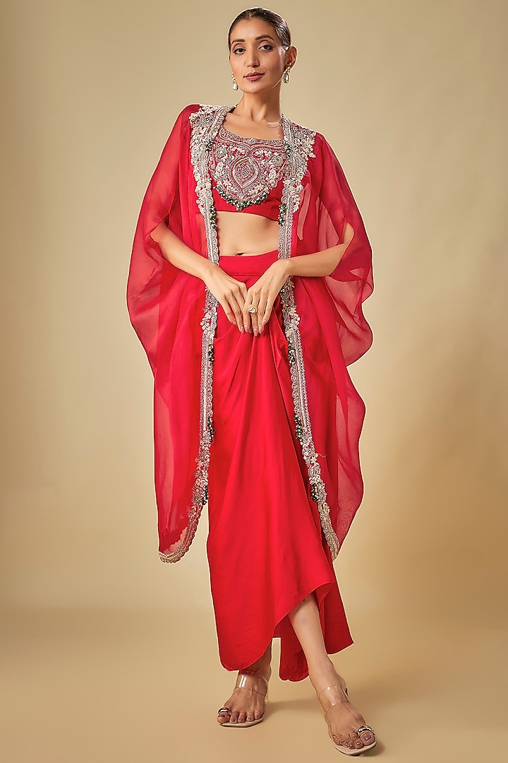 Red Organza Maal Work Cape Set by Prisho at Pernia's Pop Up Shop