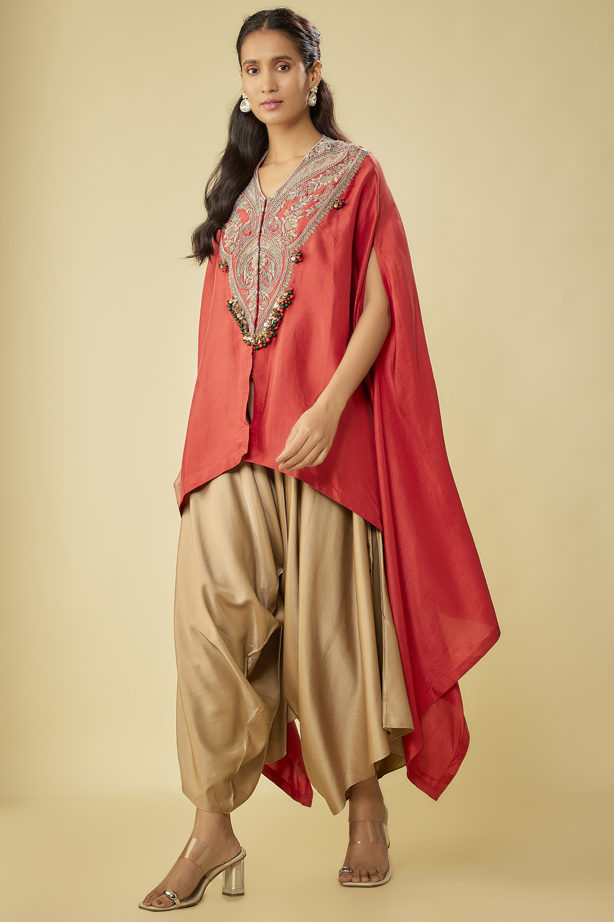 Deep Orange Silk Dori Work Kaftan Set by Prisho at Pernia's Pop Up Shop